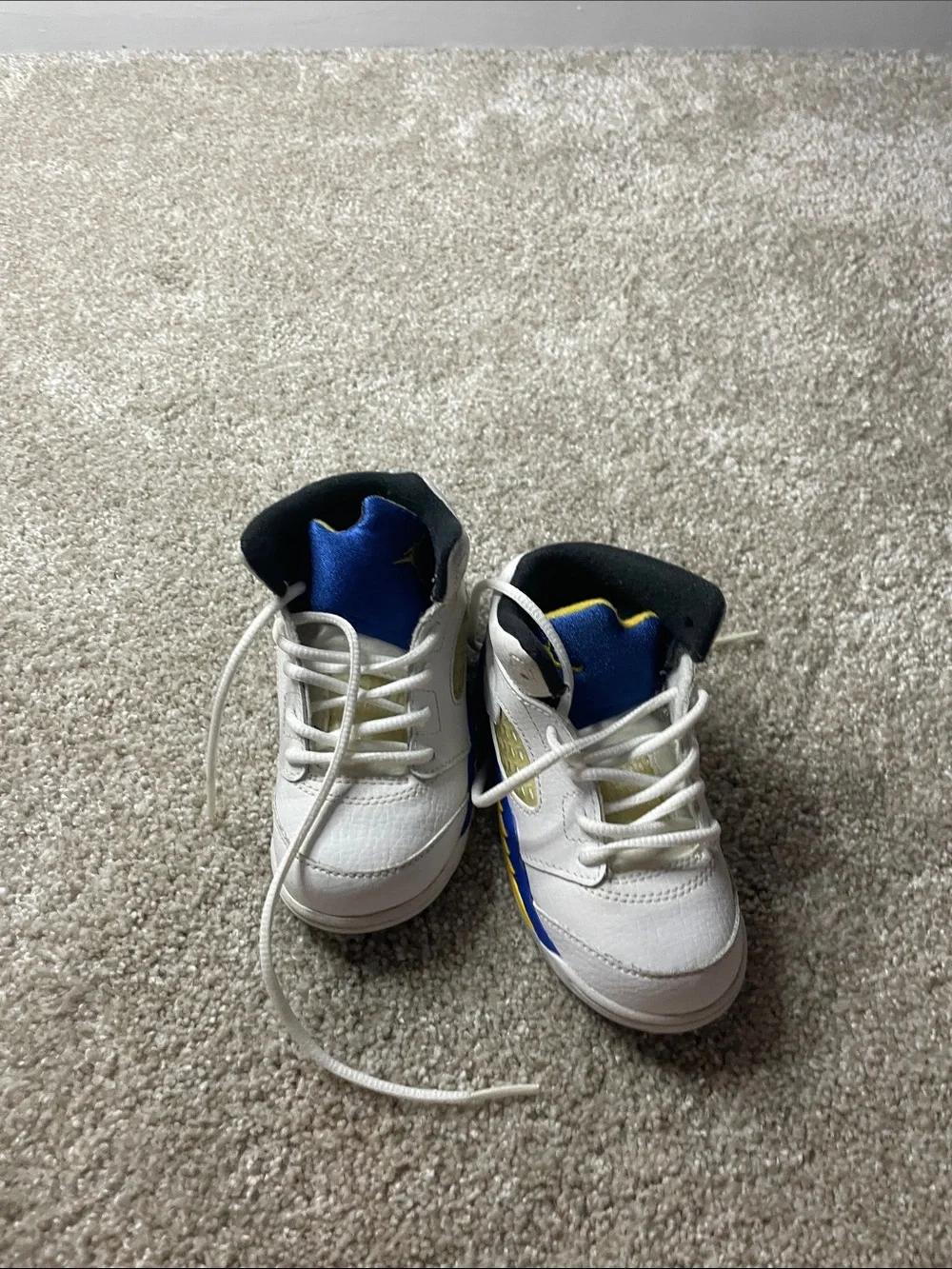 White Leather High-Top Sneakers with Blue & Yellow Accents - Picture 2 of 3